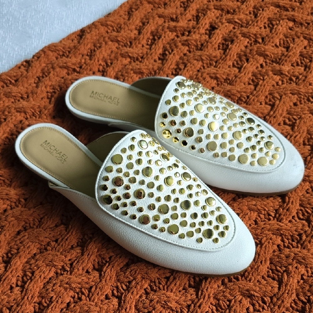 Michael Kors White Mules with Gold Grommet Design